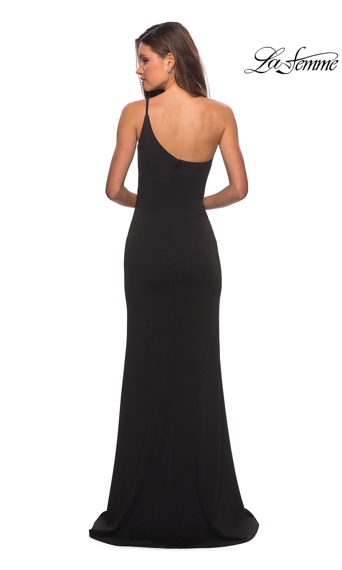 A woman, seen from behind against a white background, models the fitted black La Femme One-Shoulder Long Formal Dress 28176.